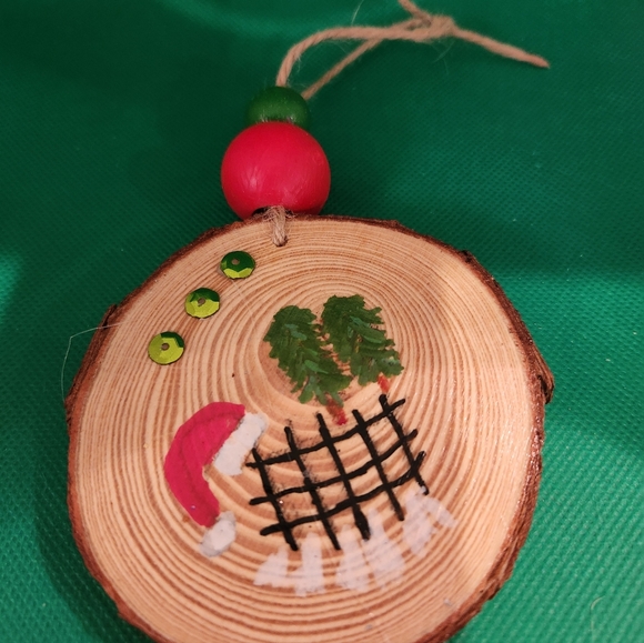 Festive Wooden 3"  Ornament with Santa Hat On A Fence - Picture 2 of 6